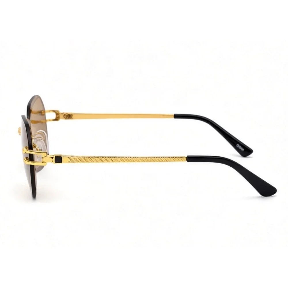 Mens Rimless Diamond CutvSunglasses Gold Metal Frame Gold Reflective Lens Lentes